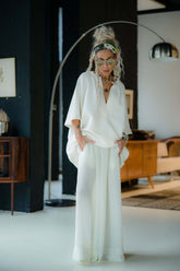 Ivory Textured Wide Leg Pants