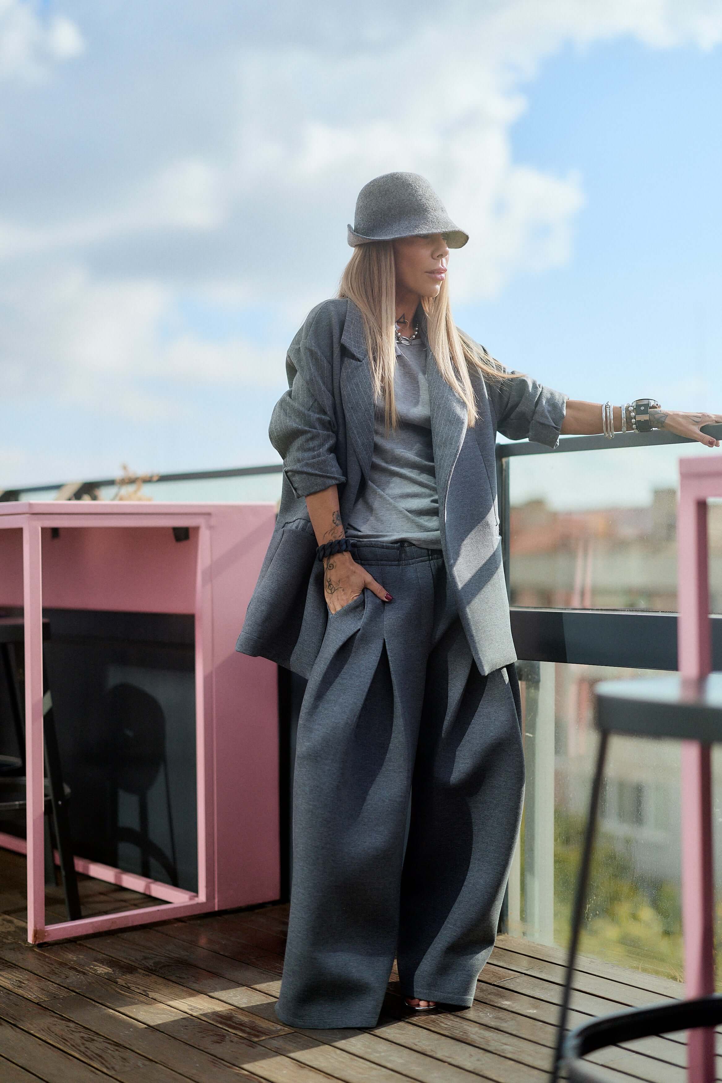 Gray Wide-Leg Structured Pants