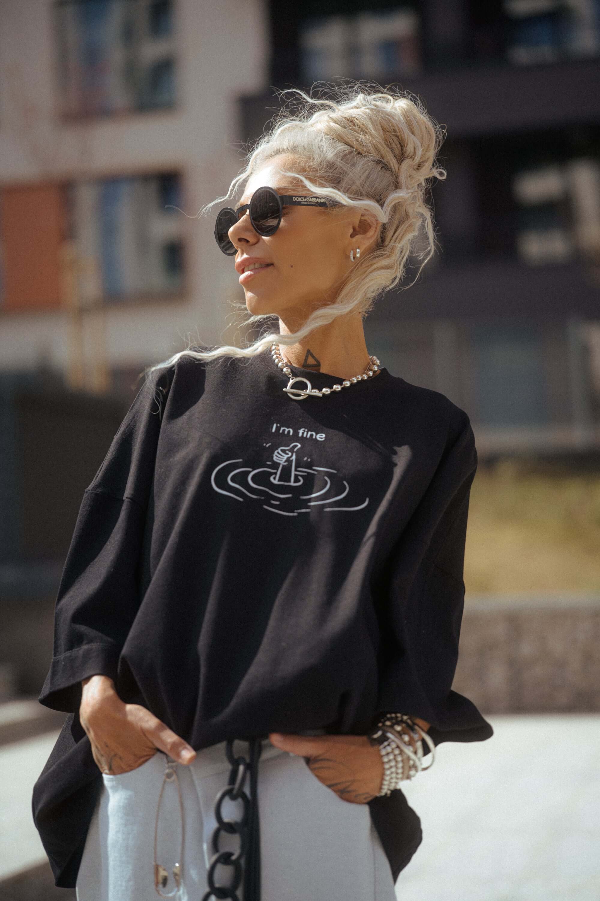Black Oversized “I'm Fine” Graphic T-Shirt