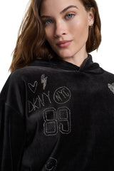 VELOUR RHINESTONE GRAFITTI LOGO HOODIE
