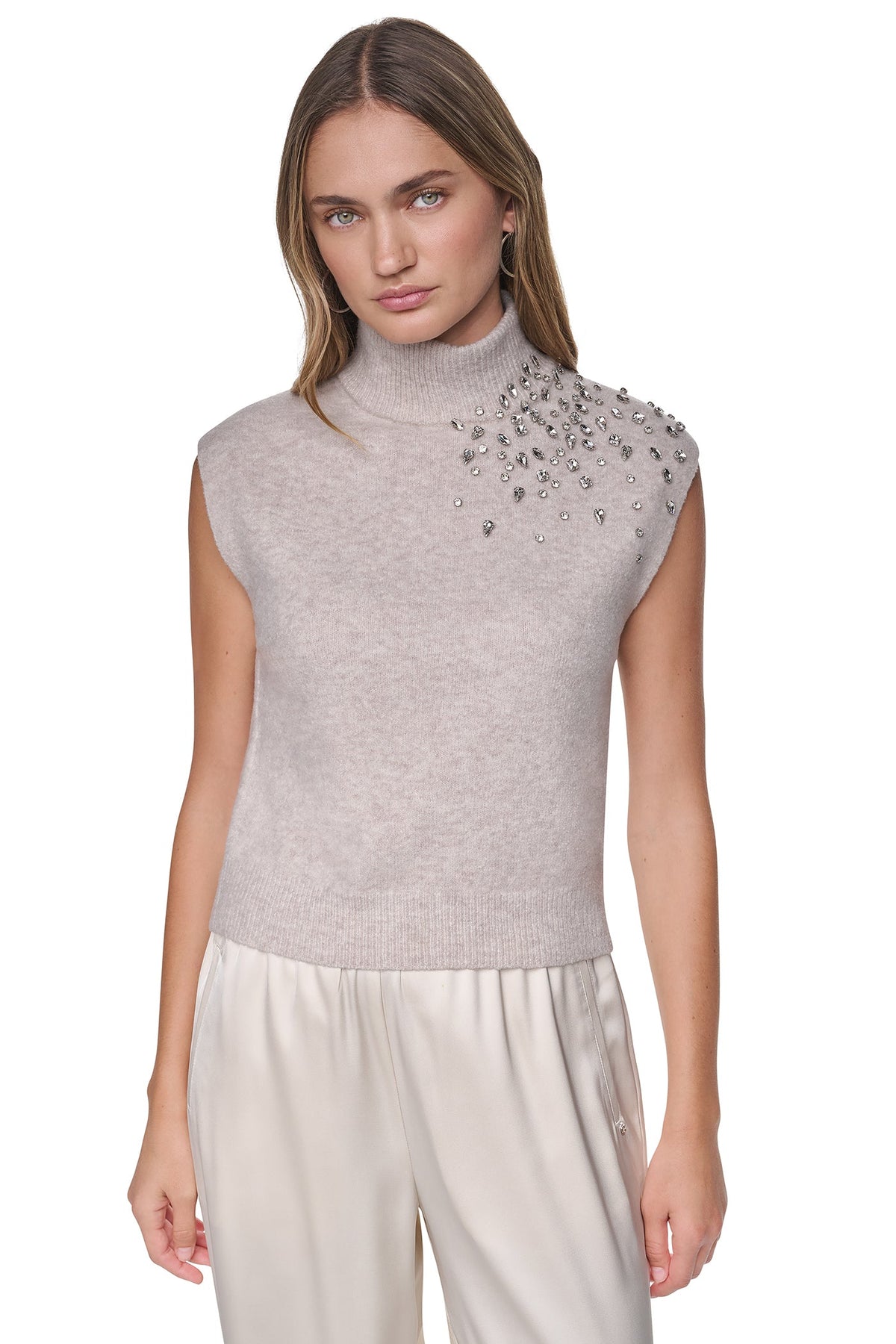 EXTENDED SHOULDER MOCK NECK SWEATER