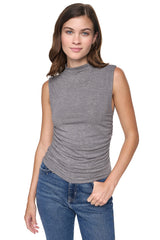 RHINESTONE RUCHED SLEEVELESS TOP