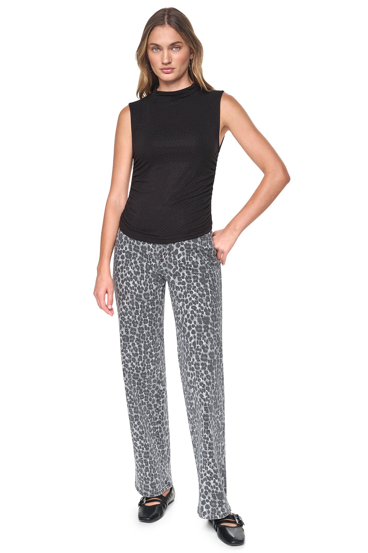 RHINESTONE RUCHED SLEEVELESS TOP