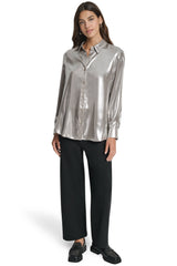 BUTTON FRONT METALLIC BLOUSE