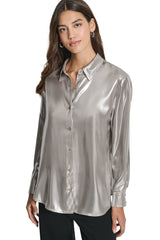 BUTTON FRONT METALLIC BLOUSE