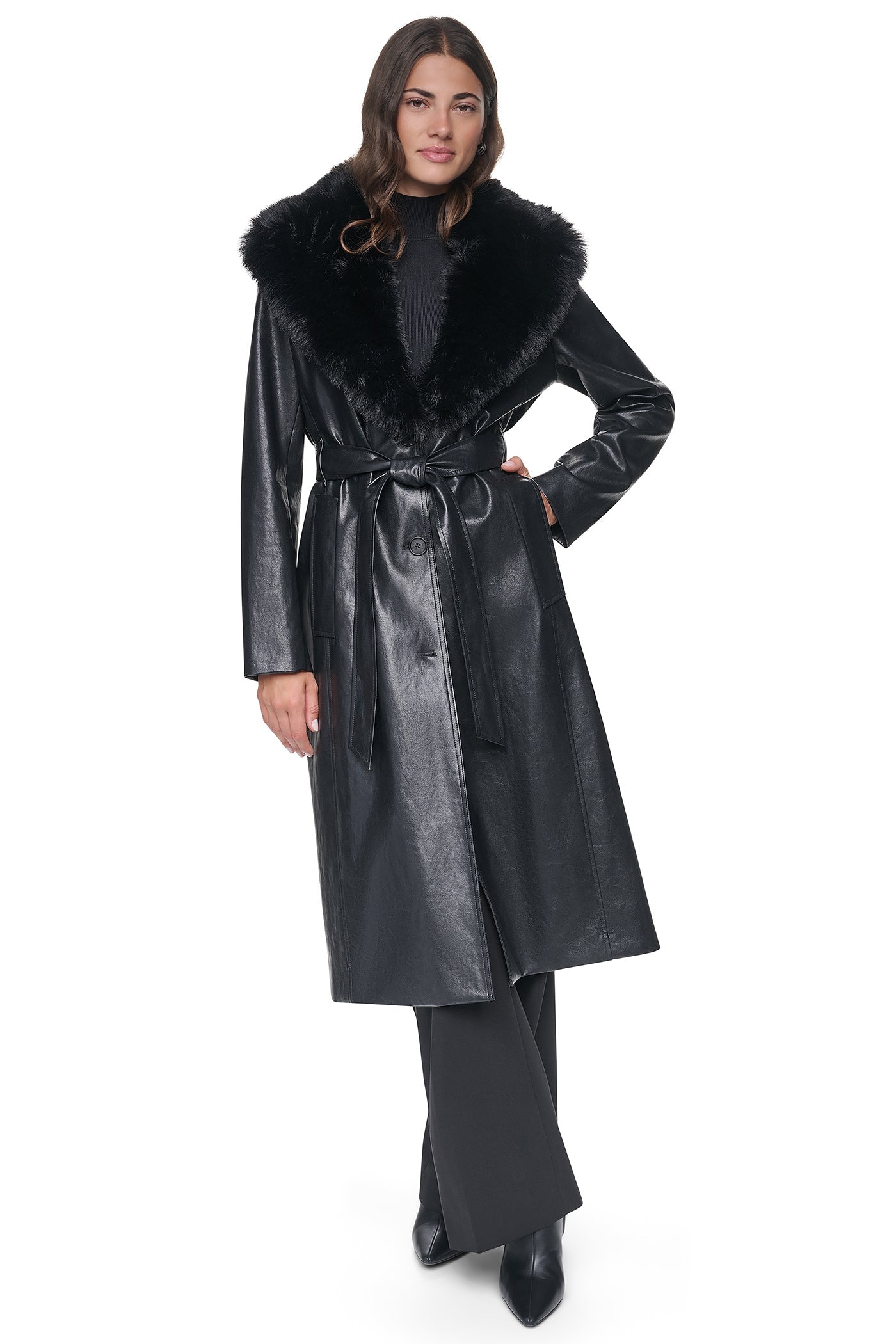 VEGAN LEATHER TRENCH WITH FAUX FUR COLLAR
