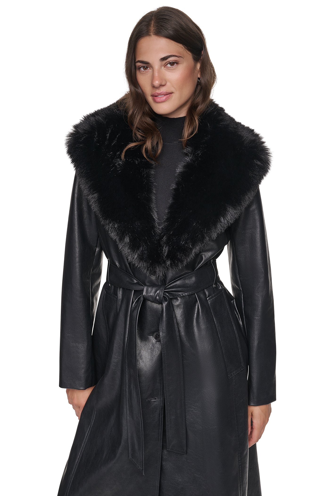 VEGAN LEATHER TRENCH WITH FAUX FUR COLLAR