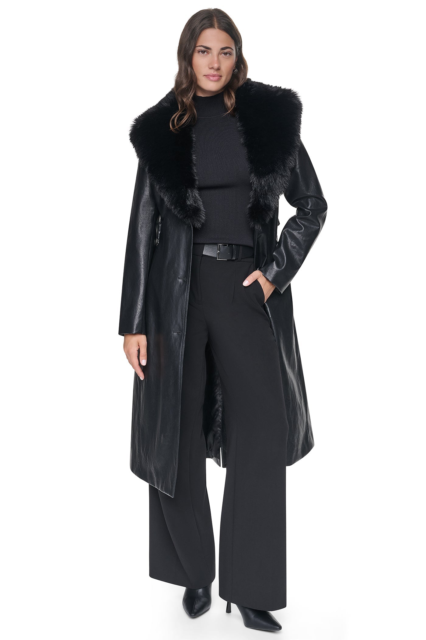 VEGAN LEATHER TRENCH WITH FAUX FUR COLLAR
