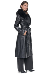 VEGAN LEATHER TRENCH WITH FAUX FUR COLLAR