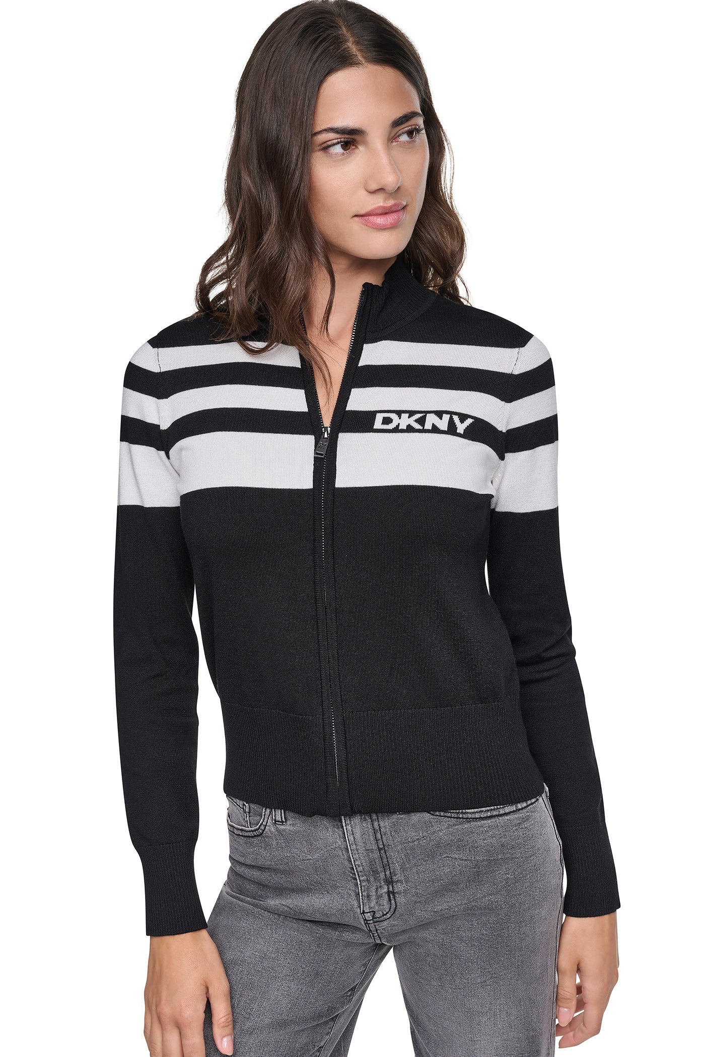 STRIPED MOCK NECK ZIP SWEATER