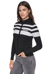 STRIPED MOCK NECK ZIP SWEATER