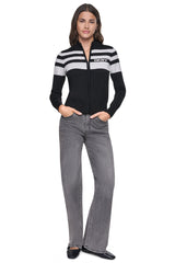 STRIPED MOCK NECK ZIP SWEATER