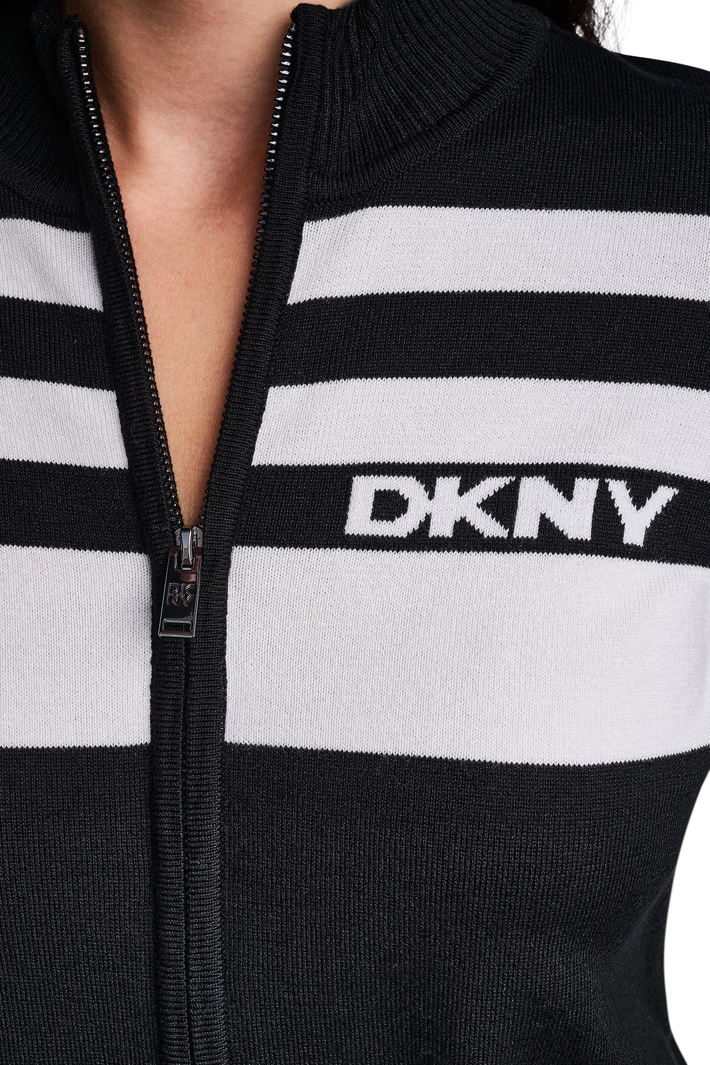 STRIPED MOCK NECK ZIP SWEATER