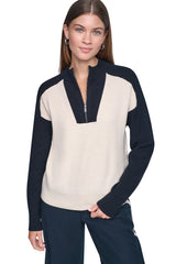 COLOR BLOCK MOCK-NECK HALF-ZIP SWEATER