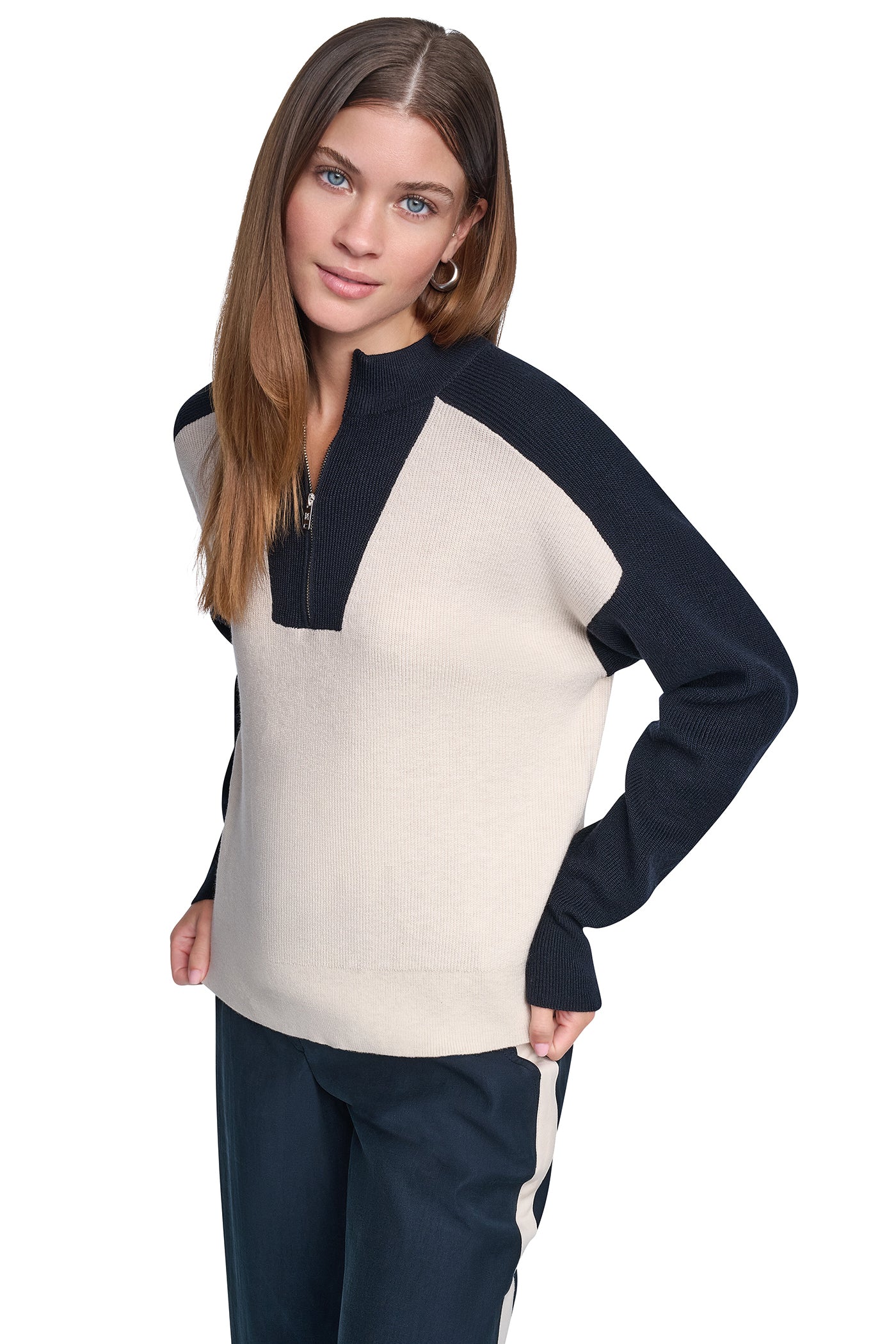 COLOR BLOCK MOCK-NECK HALF-ZIP SWEATER