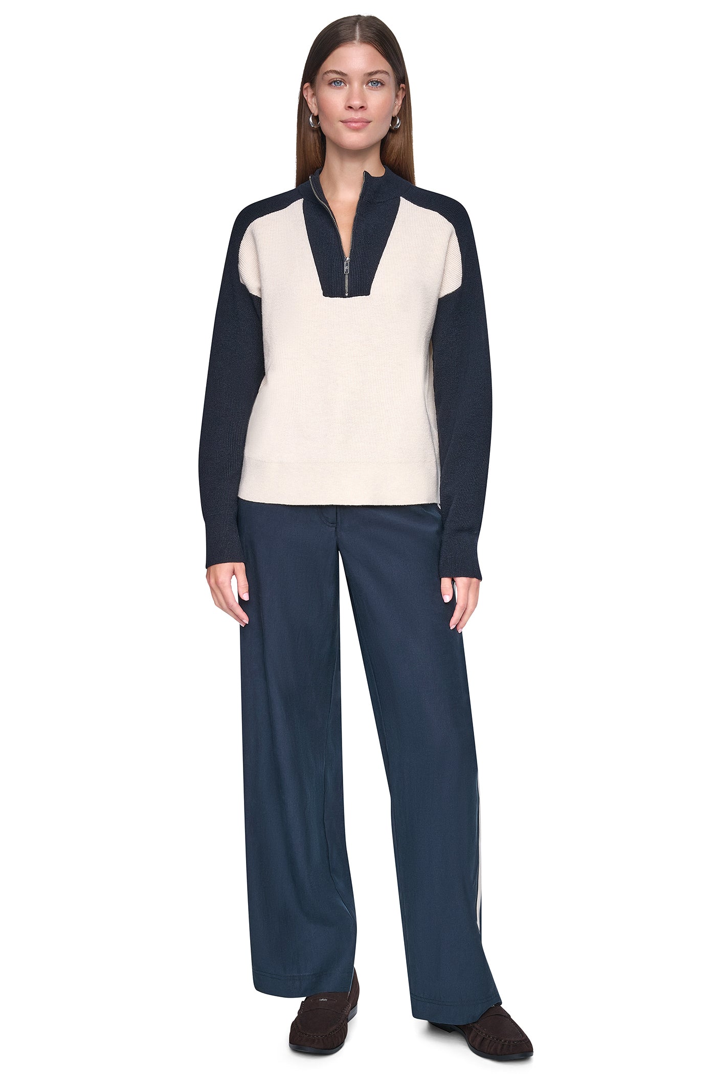 COLOR BLOCK MOCK-NECK HALF-ZIP SWEATER