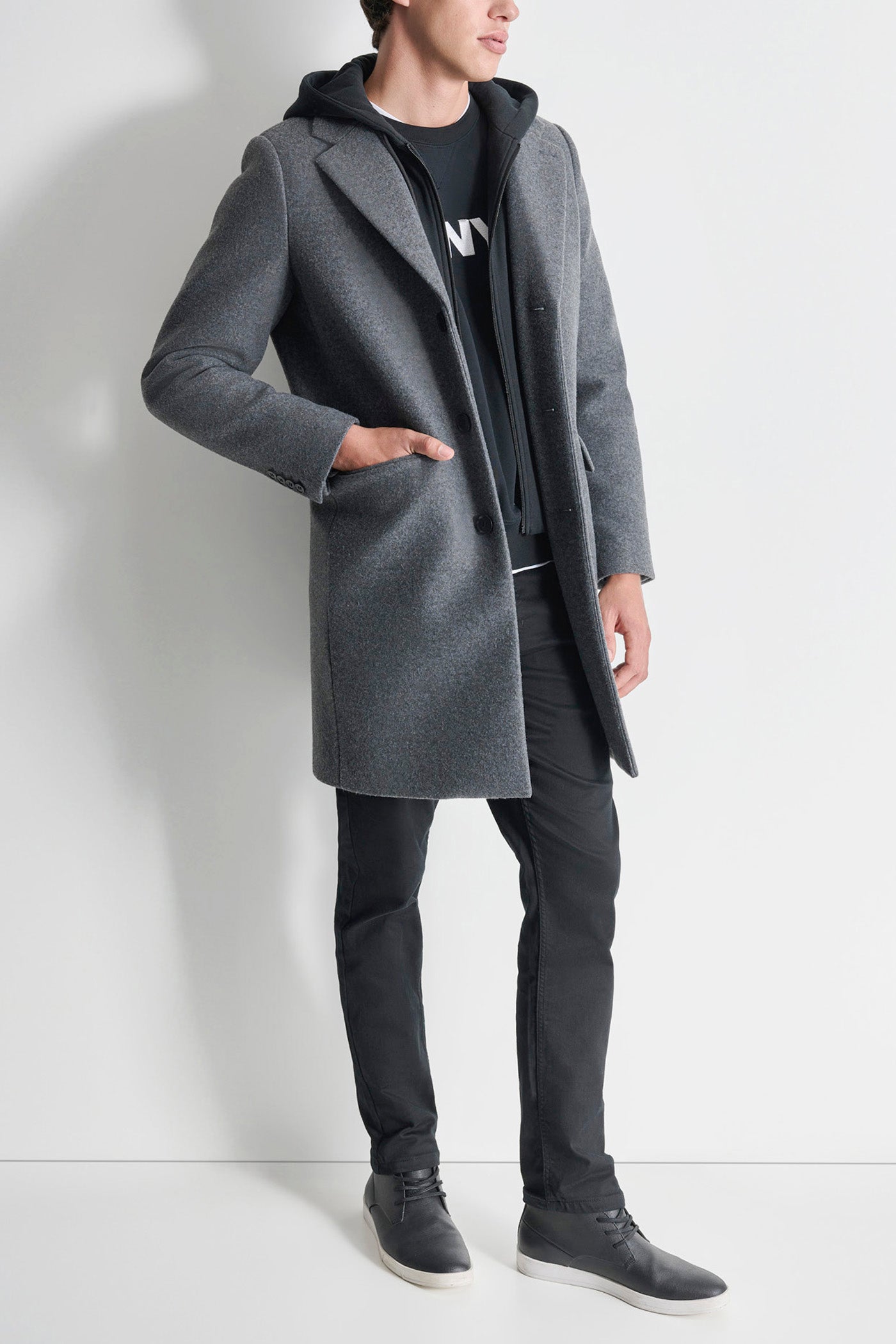 FAUX WOOL COAT WITH HOODED BIB