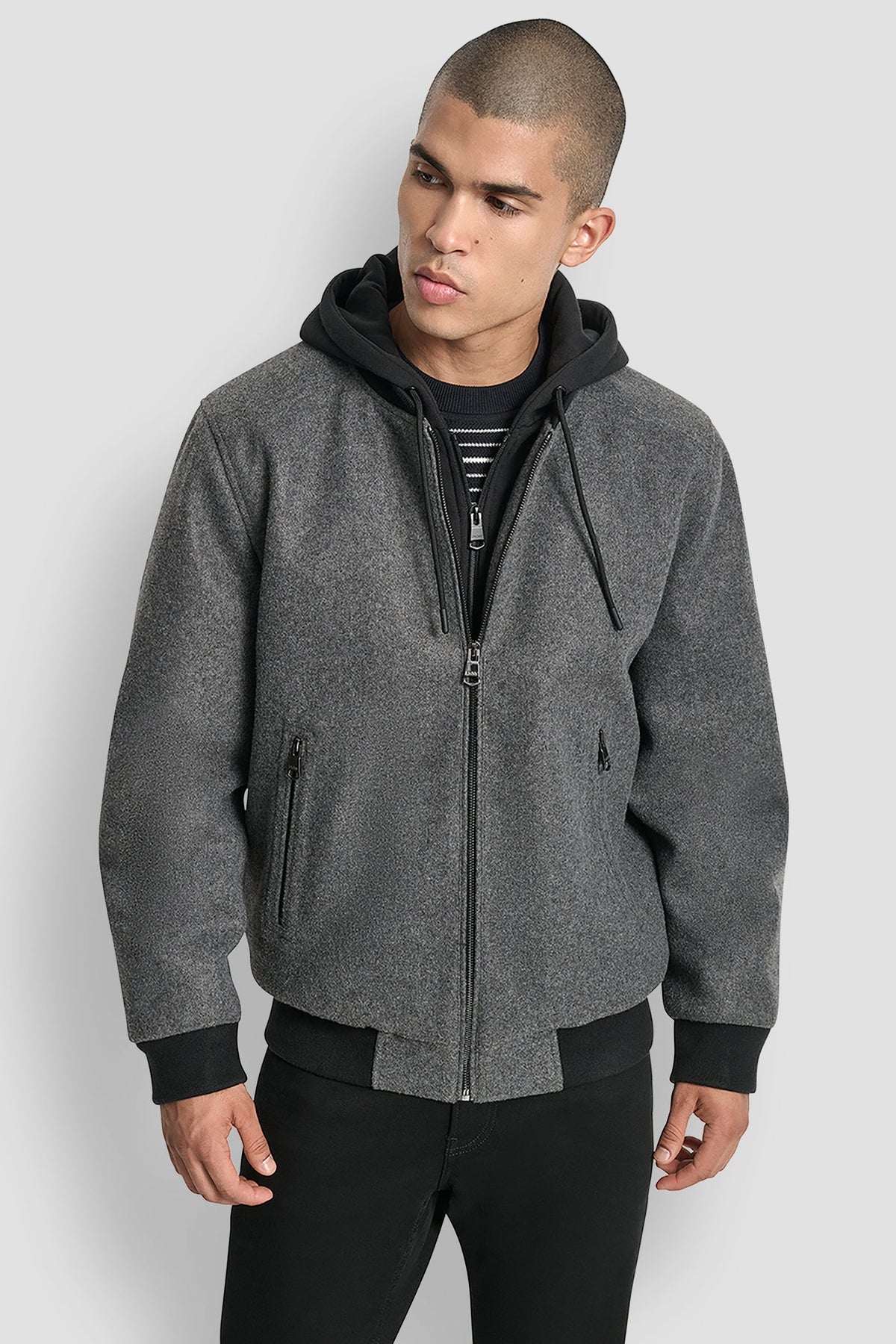 FAUX WOOL BOMBER WITH HOODED BIB
