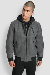 FAUX WOOL BOMBER WITH HOODED BIB