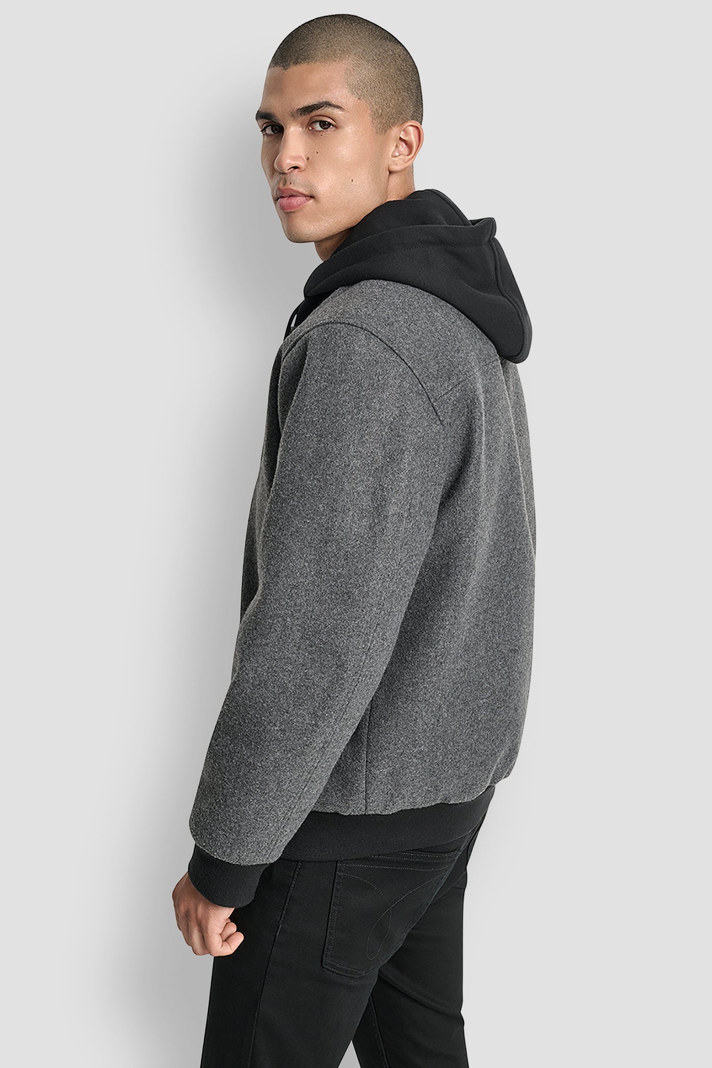 FAUX WOOL BOMBER WITH HOODED BIB