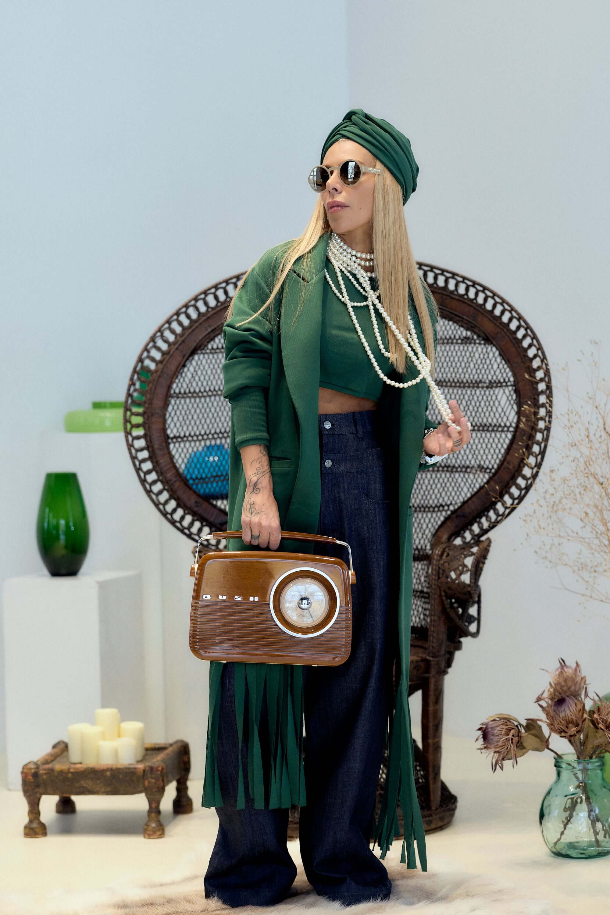 Green Long Coat with Fringe Detail