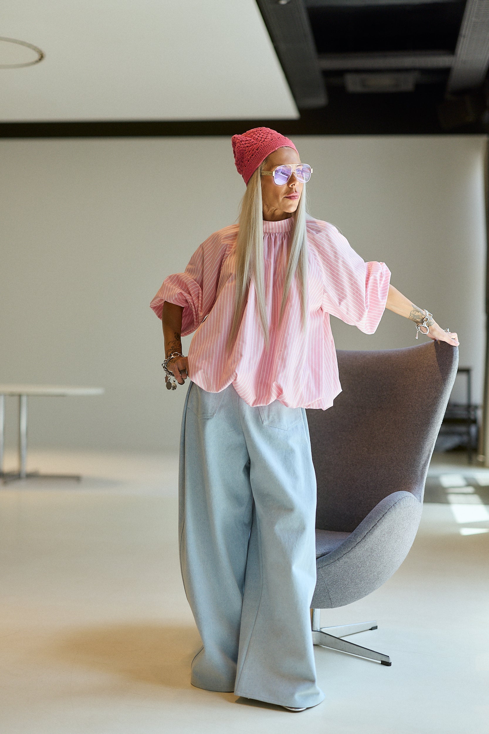 Ice Blue Wide-Leg Denim Pants