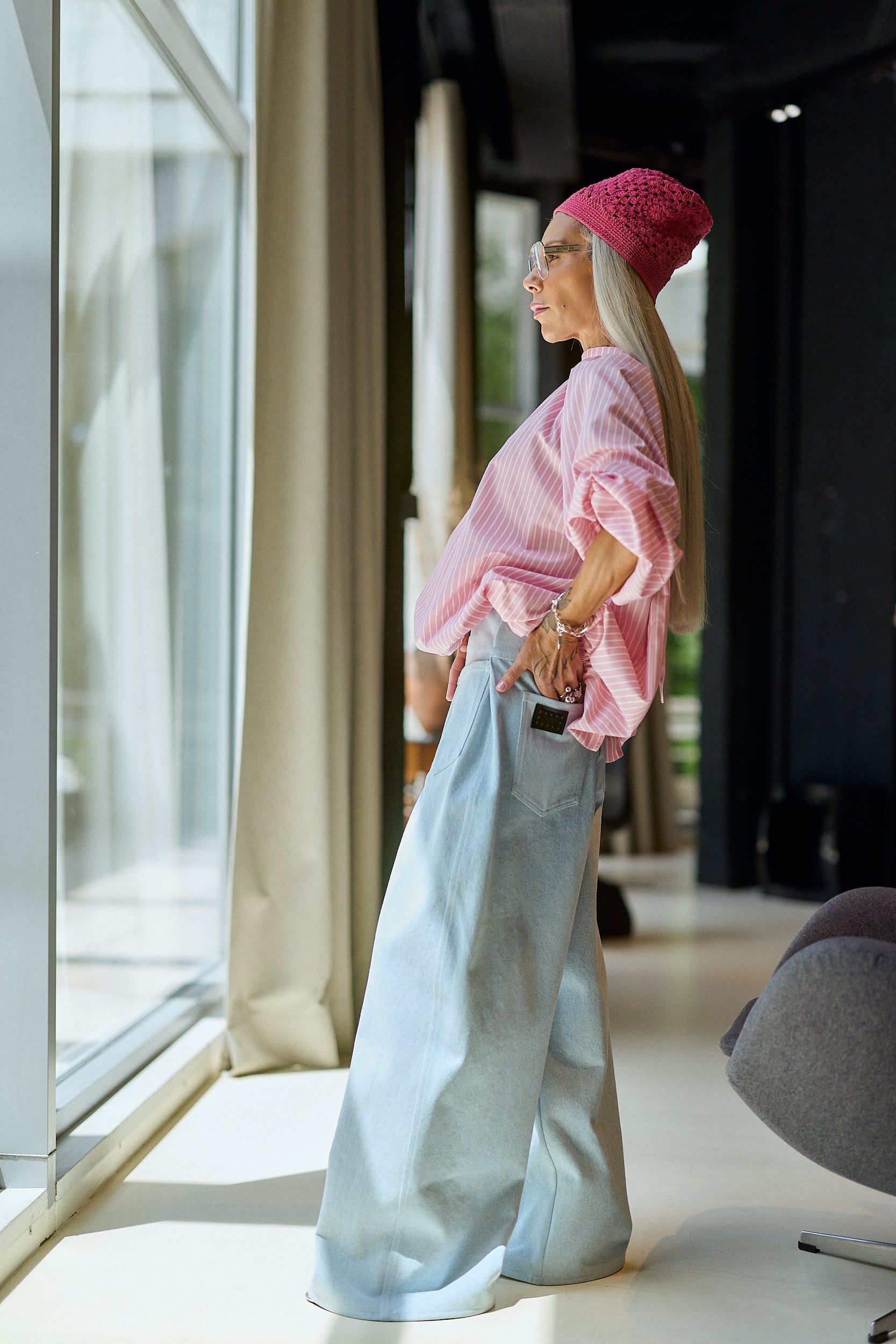 Ice Blue Wide-Leg Denim Pants